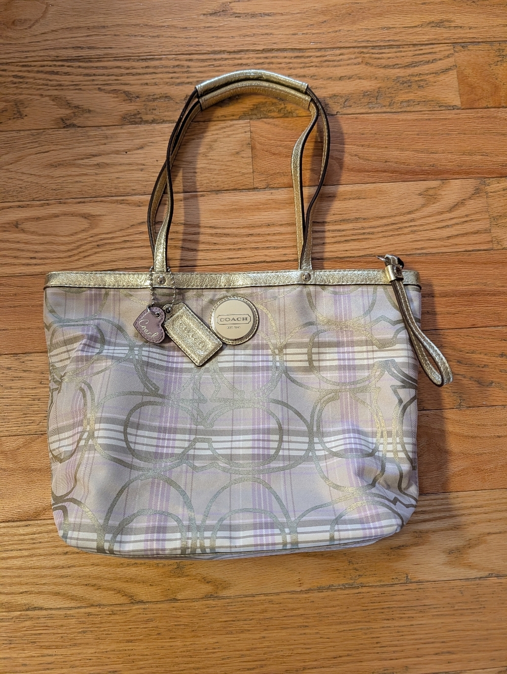 Vintage Y2K 2000s Coach Tartan Plaid Lavender Silver Tote Shoulder Bag Spring